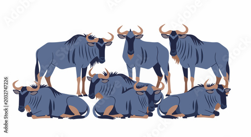 A group of six stylized wildebeest, some standing, some resting
