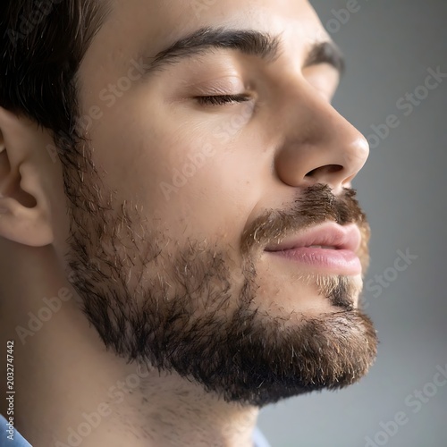 A close-up side profile of a man with a beard and closed eyes
