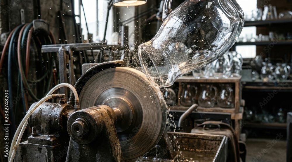 Fototapeta premium Glassblower grinding and polishing a glass pitcher in a workshop