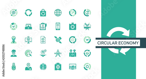 Schilderij op canvas Set of circular economy icons, illustrating sustainable practices and resource m