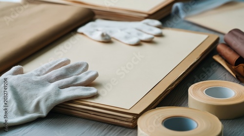 Leather photo album with gloves and archival storage supplies