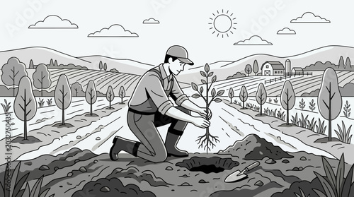Canvastavla A dedicated farmer kneeling in the soil while carefully planting a young sapling in the field