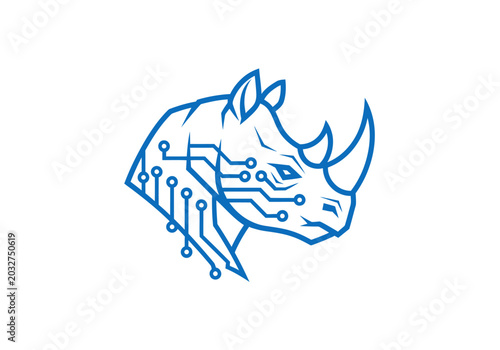 Stylized blue rhinoceros head with digital circuit board patterns