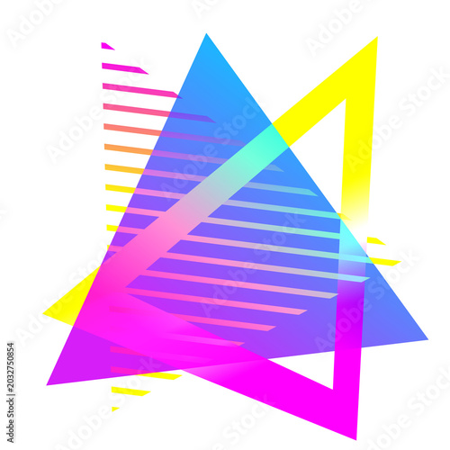 Abstract 80s Retro Neon Pop Art Memphis Geometric Shapes Triangle patterns futuristic synthwave style.