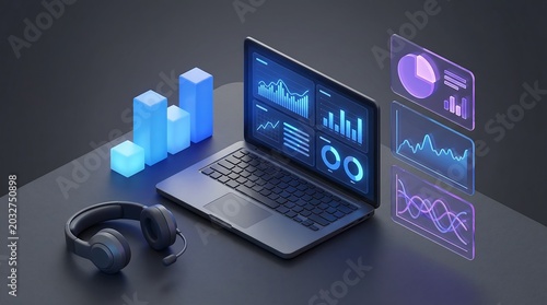 Modern laptop with floating blue data charts and audio headset on a dark desk surface representing remote work business analytics and financial data monitoring technology concepts