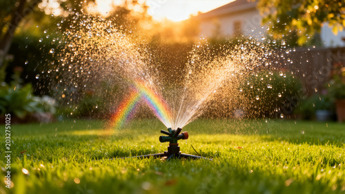 Garden sprinkler watering lush emerald green lawn grass with water drops at warm summer golden hour.