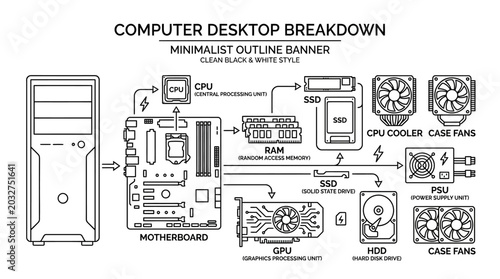 Obraz na plátně Minimalist outline diagram showing the components of a computer desktop system