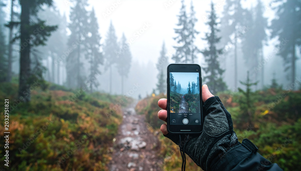 Fototapeta premium Capture the essence of adventure with this POV shot of a hiker photographing a foggy forest trail. A perfect blend of nature and technology for outdoor travel and lifestyle marketing.