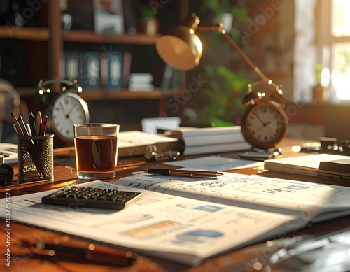 A cluttered desk with office supplies and papers