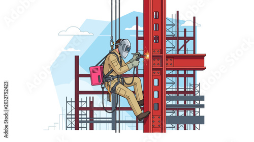 фотографія A professional construction worker welding a steel beam structure while suspended in the air
