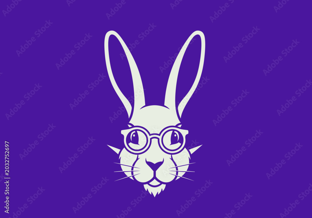 Obraz premium Stylized white rabbit wearing round glasses on purple background