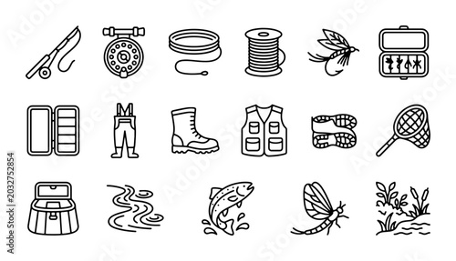 Bild auf Leinwand Fly Fishing Icons Set, Vector Graphics for Angling Gear, Outdoor Sport Equipment