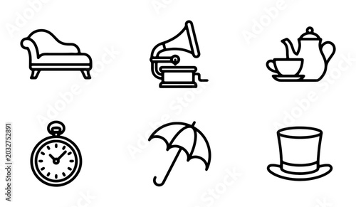 Obraz na płótnie Vintage Icons Set: Chaise Lounge, Gramophone, Teapot, Pocket Watch, Umbrella, To