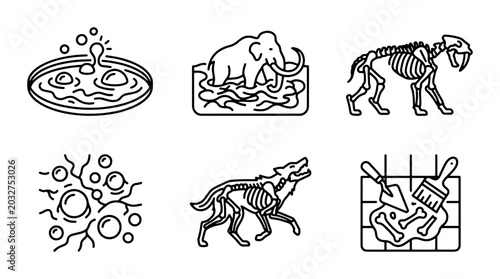 Foto Paleontology Icons: Mammoth, Wolf, Saber-tooth Skeleton, Dig Site, Cells, Lab Di