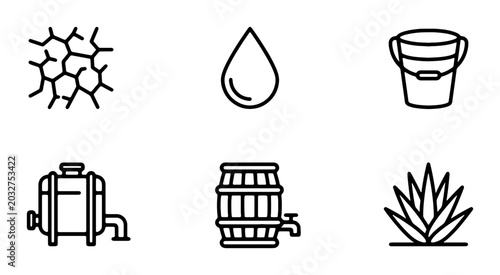 Cuadro en lienzo Water Icons Set: Drought, Drop, Bucket, Tank, Barrel, Agave Plant Vector Graphic