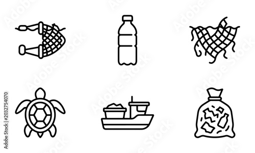 Valokuva Ocean Pollution Icons: Plastic Bottle, Fishing Net, Turtle, Trash Bag, Boat