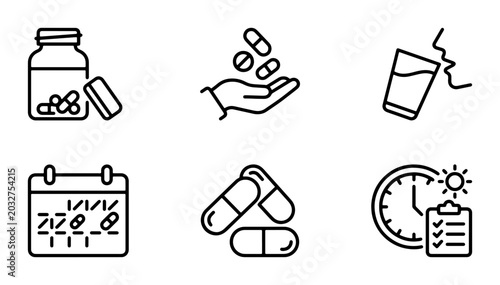 Foto Medical Pill Icons Set, Healthcare Capsules, Pharmacy Bottle, Dosage Schedule, H