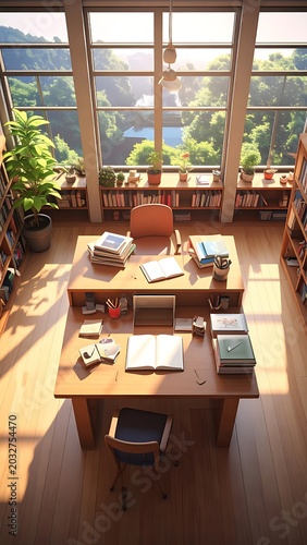 A cluttered office desk with books and papers in a sunlit room