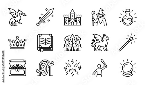 Photos Fantasy Icons Set: Dragon, Wizard, Castle, Sword, Magic, Treasure Chest, Crystal
