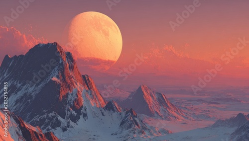 Pixelated Mountain Landscape at Sunset with a Large Moon and Soft Clouds