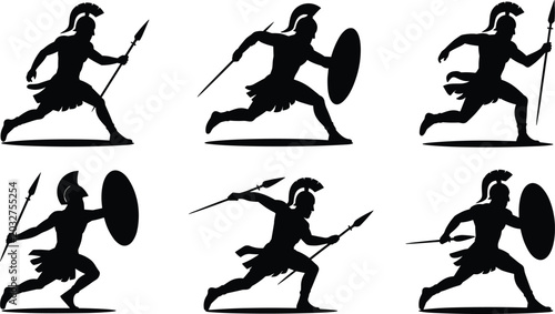 Tableau sur toile Ancient Spartan Warrior Silhouette Collection Featuring Greek Soldiers with Spea
