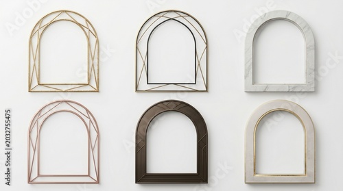 Minimalist arched frame collection, set of 6 elegant arch borders in marble and metal, modern geometric frames for wedding stationery and branding