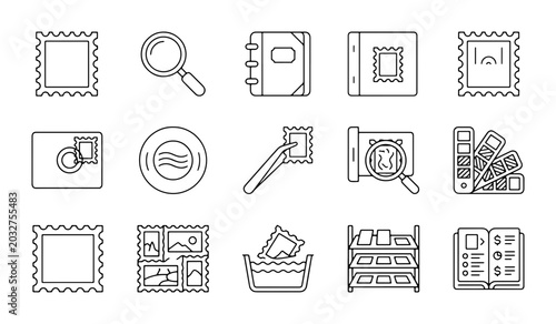 Philately Icons Set: Stamp Collecting, Magnifying Glass, Album, Tweezers, Water Bath, Color Swatches