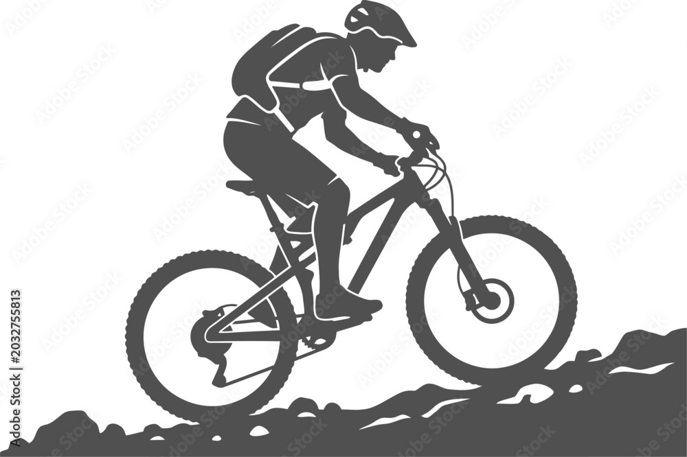 Fototapeta premium Backpack cyclist pedaling uphill on a challenging rocky terrain vector can editable