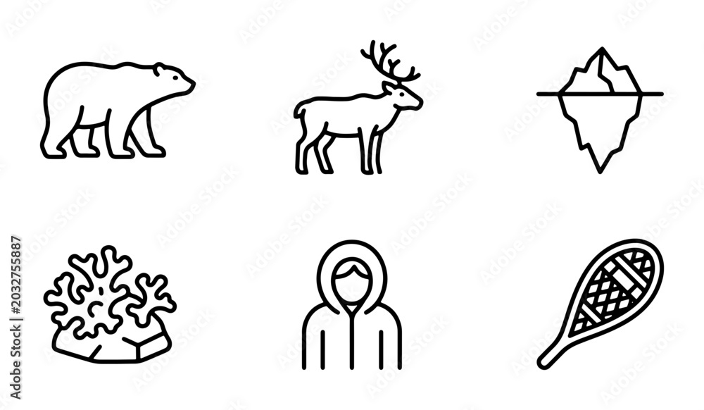 Fototapeta premium Arctic Icons Set: Polar Bear, Reindeer, Iceberg, Snowshoe, Coral, Person in Hood