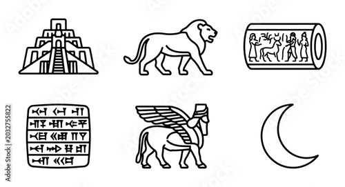 Bild auf Leinwand Ancient Mesopotamia Icons: Ziggurat, Lion, Cylinder Seal, Cuneiform, Lamassu, Cr