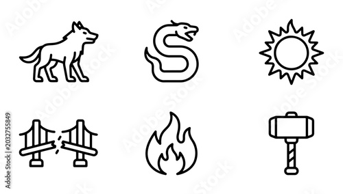 Tablou pe pânză Norse Mythology Icons: Wolf, Serpent, Sun, Bridge, Fire, Hammer Vector Set
