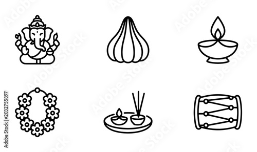 Εκτύπωση καμβά Hindu Festival Icons: Ganesha, Modak, Diya, Garland, Incense, Drum Vector Set