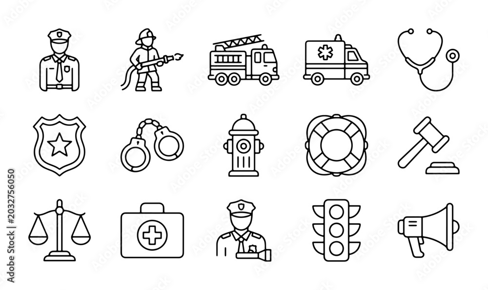 Fototapeta premium Emergency Services Icons: Police, Firefighter, Ambulance, Medical, Justice Symbols