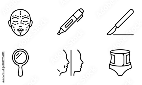 Schilderij op canvas Plastic Surgery Icons Set: Face Lift, Scalpel, Mirror, Body Contouring, Medical