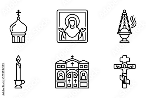 Orthodox Christian Icons, Symbols, and Religious Objects Vector Set, Faith and Spirituality Line Art Collection
