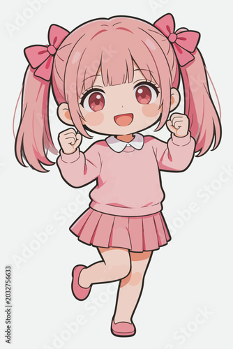 Cute chibi pink twin-tailed girl celebrating happily