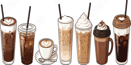 Slika na platnu Iced Coffee and Latte Vector Collection Featuring Cold Brew Drinks Glass Tumbler
