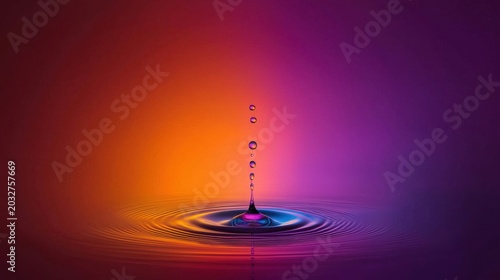 A single drop of water falling from a height, creating a ripple effect on the surface below.