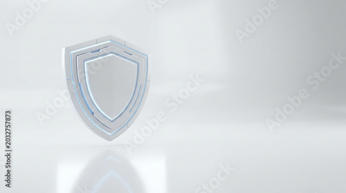 Modern white shield with glowing blue accents on a reflective surface