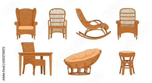Set of Rattan Wicker Furniture Pieces for Interior and Patio