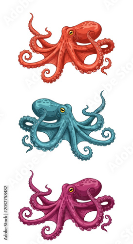 Three Colorful Octopuses: Red, Blue, and Pink, Isolated on White Background