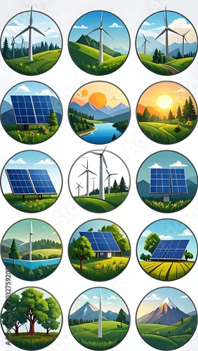 A collection of circular icons depicting renewable energy and nature (3)
