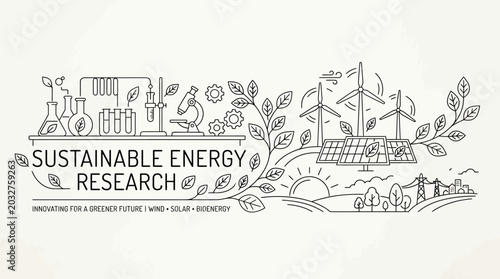 Hand drawn illustration of sustainable energy research featuring laboratory equipment and renewable power sources.