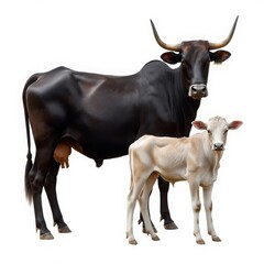 Large majestic black cow with long sharp horns standing proudly beside a small cream colored calf in this high quality studio photograph showcasing the beautiful bond between mother and child