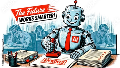 Retro Halftone Corporate AI Illustration of Robot Approving Documents with Workforce Fade Concept