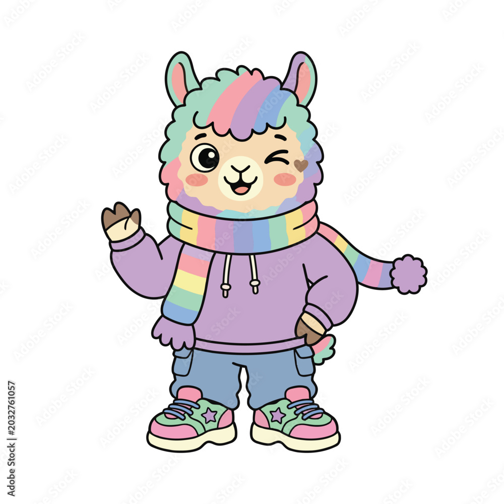 Fototapeta premium Cute Alpaca Gen Z Cartoon Character With Rainbow Scarf Flat Vector Art