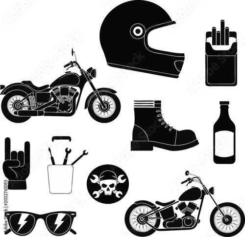 Fotografie Biker, motorcycle, and rocker icons, black vector set, 10 symbols, motorcycle ge