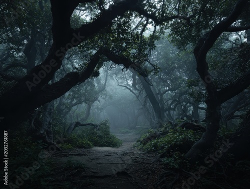 Mysterious Foggy Forest Path With Ethereal Light Filtering Through Ancient Trees Creating an Enchanting and Moody Atmosphere