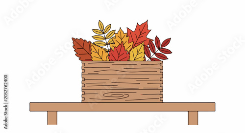 Wooden box filled with colorful autumn leaves on a rustic shelf