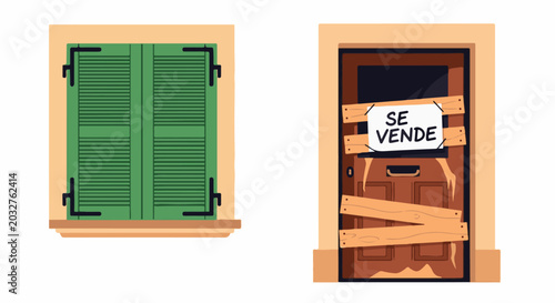 A boarded-up door with a 'For Sale' sign and a closed shuttered window